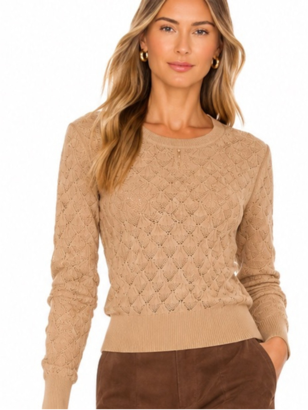 Club Monaco Pointelle Open Knit Sweater Beige Tan Long Sleeve Size M